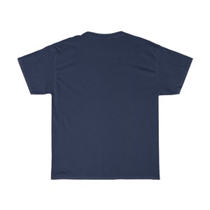 May include: A plain navy blue t-shirt with short sleeves.