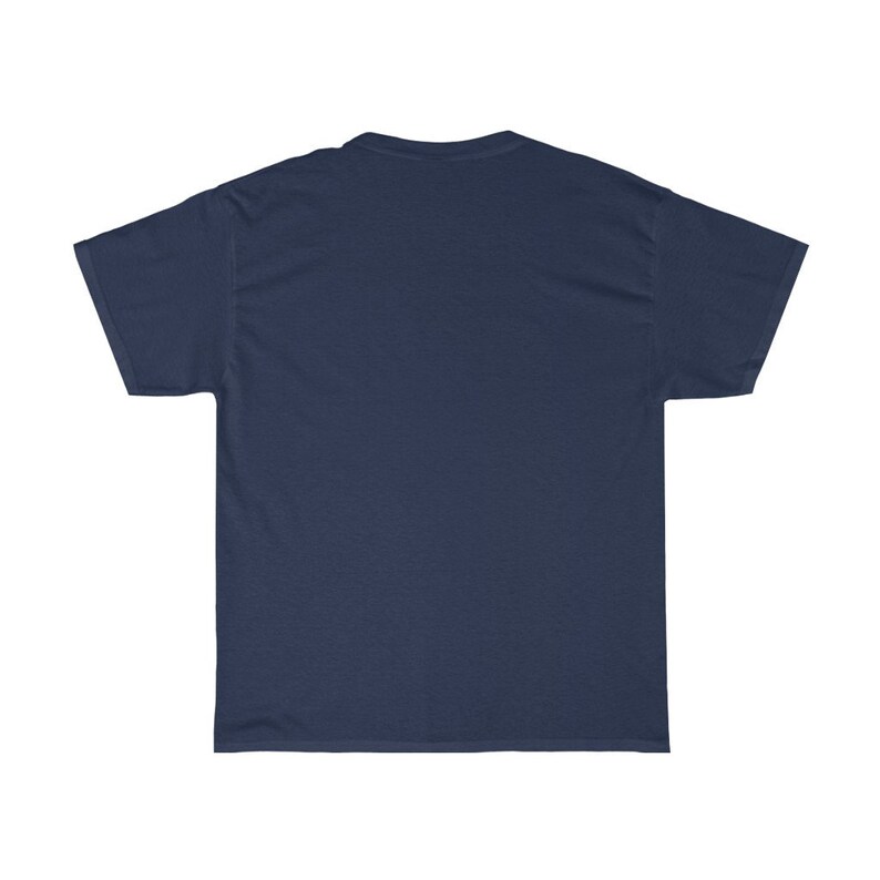 May include: A plain navy blue t-shirt with short sleeves.