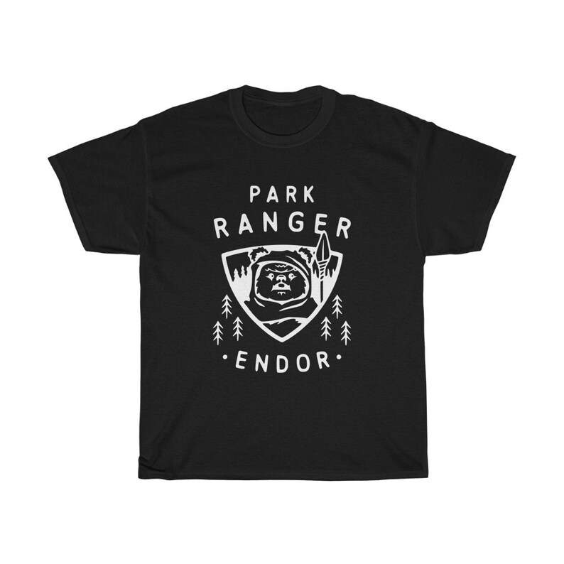 May include: Black t-shirt with a white graphic of a character from Star Wars, a forest, and the text "Park Ranger Endor".
