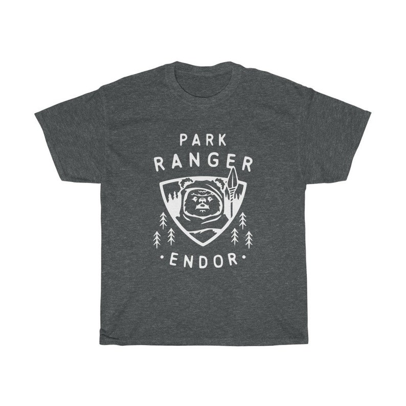 May include: Dark heather grey t-shirt with a white graphic of a character from Star Wars, a white triangle with the text "Park Ranger Endor" and trees.