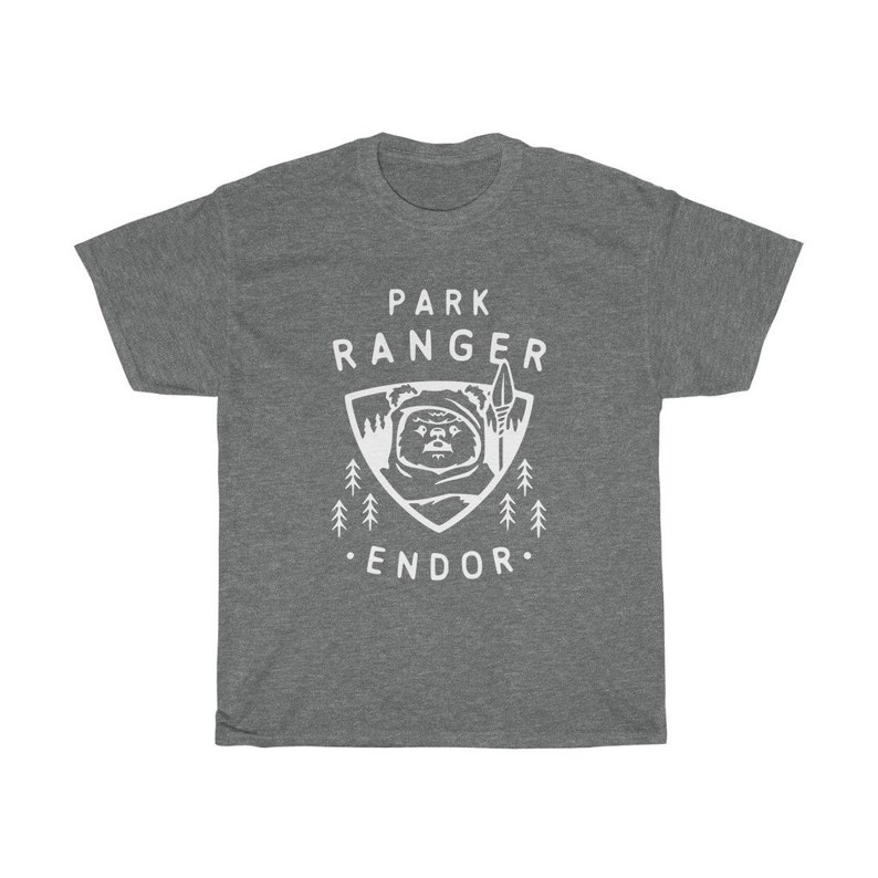 May include: Gray t-shirt with a white graphic of a character from Star Wars, a forest, and the text "Park Ranger Endor".