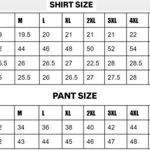 May include: Shirt and pant size chart with measurements in inches. The chart includes sizes S to 6XL, detailing shoulder, chest, length, sleeve, waist, and length measurements. The text is in black on a white background.