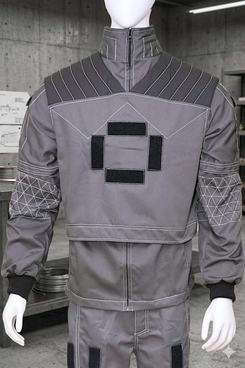 May include: Gray work uniform with a high collar, zipper, and black accents. The jacket features geometric stitching and black patches. The sleeves have black cuffs and geometric patterns. The uniform is displayed on a mannequin.