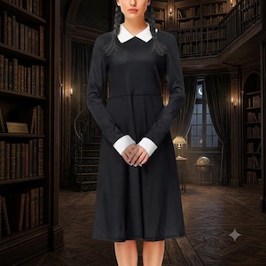 black a line dress with white collar Women's Binky A-line Shirt Collar Linen Cotton Midi Dress S/M/L/Customize Black MEAN BLVD L / Black