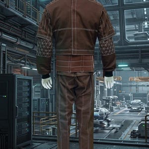 May include: A brown two-piece outfit on a mannequin. The jacket has white stitching in a grid pattern and geometric designs on the sleeves. The pants have vertical white stitching. The outfit is displayed in a futuristic setting.