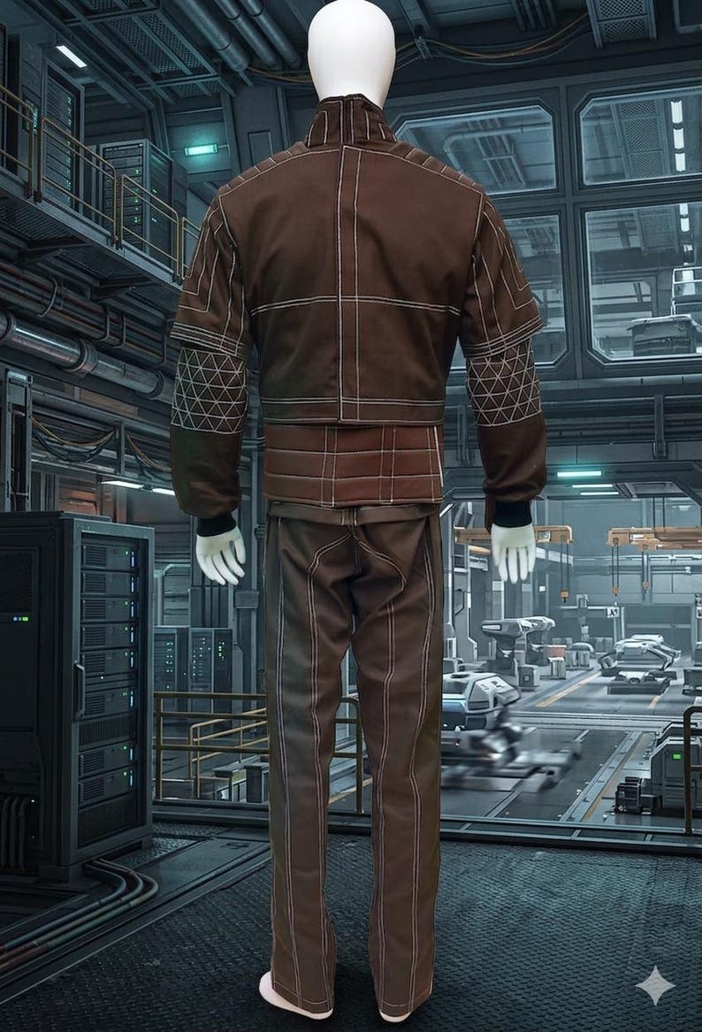May include: A brown two-piece outfit on a mannequin. The jacket has white stitching in a grid pattern and geometric designs on the sleeves. The pants have vertical white stitching. The outfit is displayed in a futuristic setting.