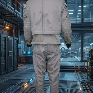 May include: A gray jumpsuit with white stitching, displayed on a mannequin. The outfit includes a jacket with shoulder pockets and a matching pair of pants. The mannequin is in a futuristic setting with computer servers and a metal floor.