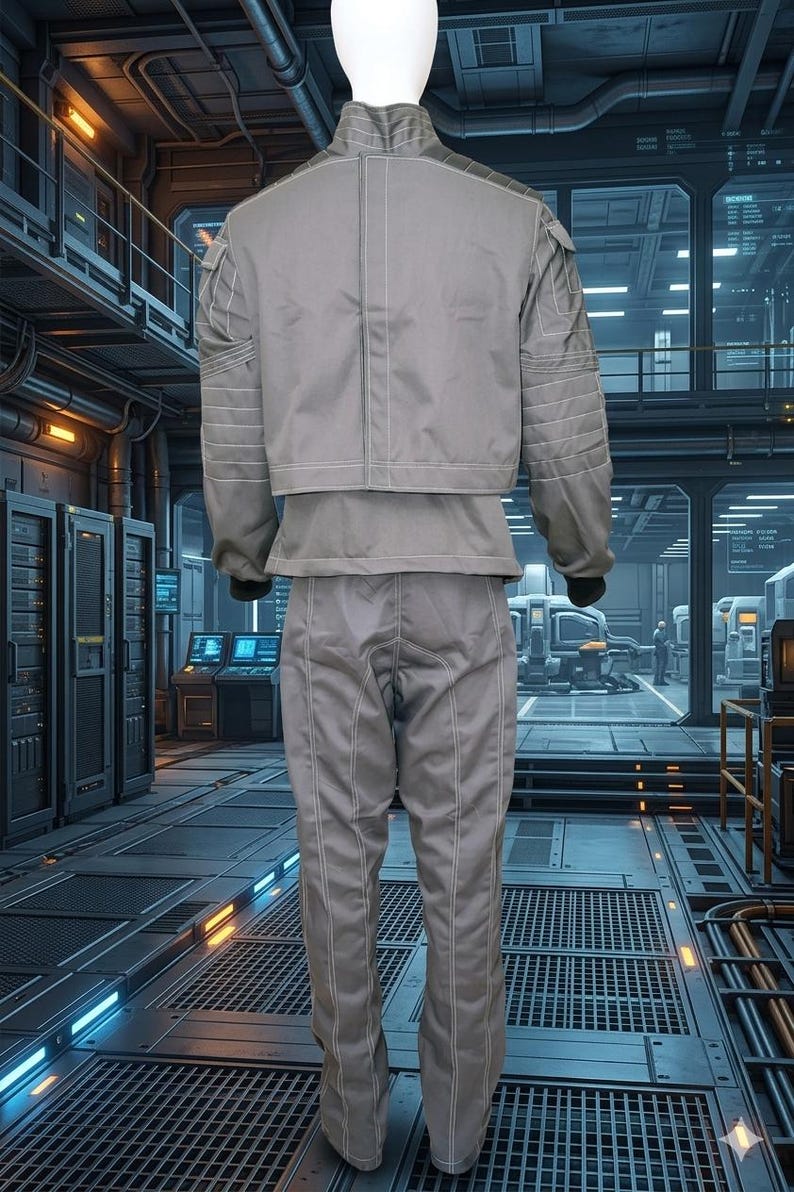 May include: A gray jumpsuit with white stitching, displayed on a mannequin. The outfit includes a jacket with shoulder pockets and a matching pair of pants. The mannequin is in a futuristic setting with computer servers and a metal floor.