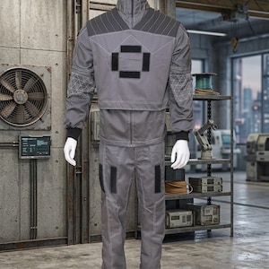 May include: A gray jumpsuit displayed on a mannequin. The outfit features a high collar, a zipper, and geometric accents in darker gray. The pants have pockets and white stitching. The mannequin is wearing white shoes.