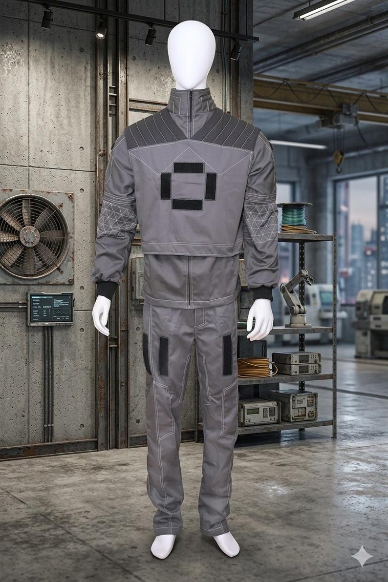 May include: A gray jumpsuit displayed on a mannequin. The outfit features a high collar, a zipper, and geometric accents in darker gray. The pants have pockets and white stitching. The mannequin is wearing white shoes.