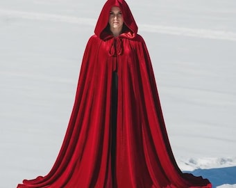 Mantello con cappuccio in velluto rosso: lungo mantello fantasy medievale, costume di Halloween