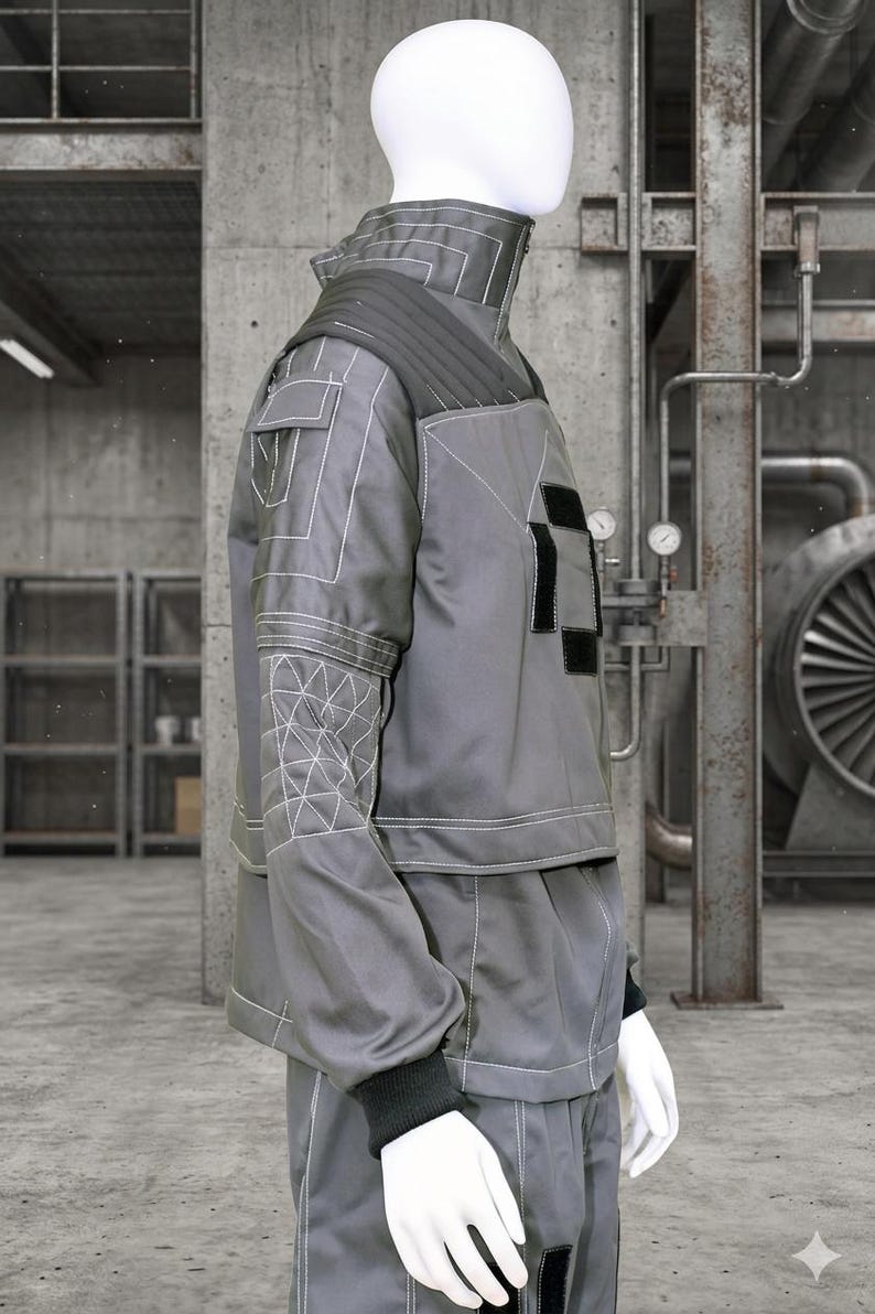 May include: Gray workwear-style jacket and pants set on a mannequin. The jacket features white stitching, black patches, and a quilted shoulder design. The pants have black patches and white stitching. The mannequin is wearing black gloves.