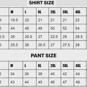 May include: A size chart for shirts and pants, with measurements in inches. The shirt size chart includes shoulder, chest, length, and sleeve measurements. The pant size chart includes waist and length measurements. Sizes range from S to 6XL.