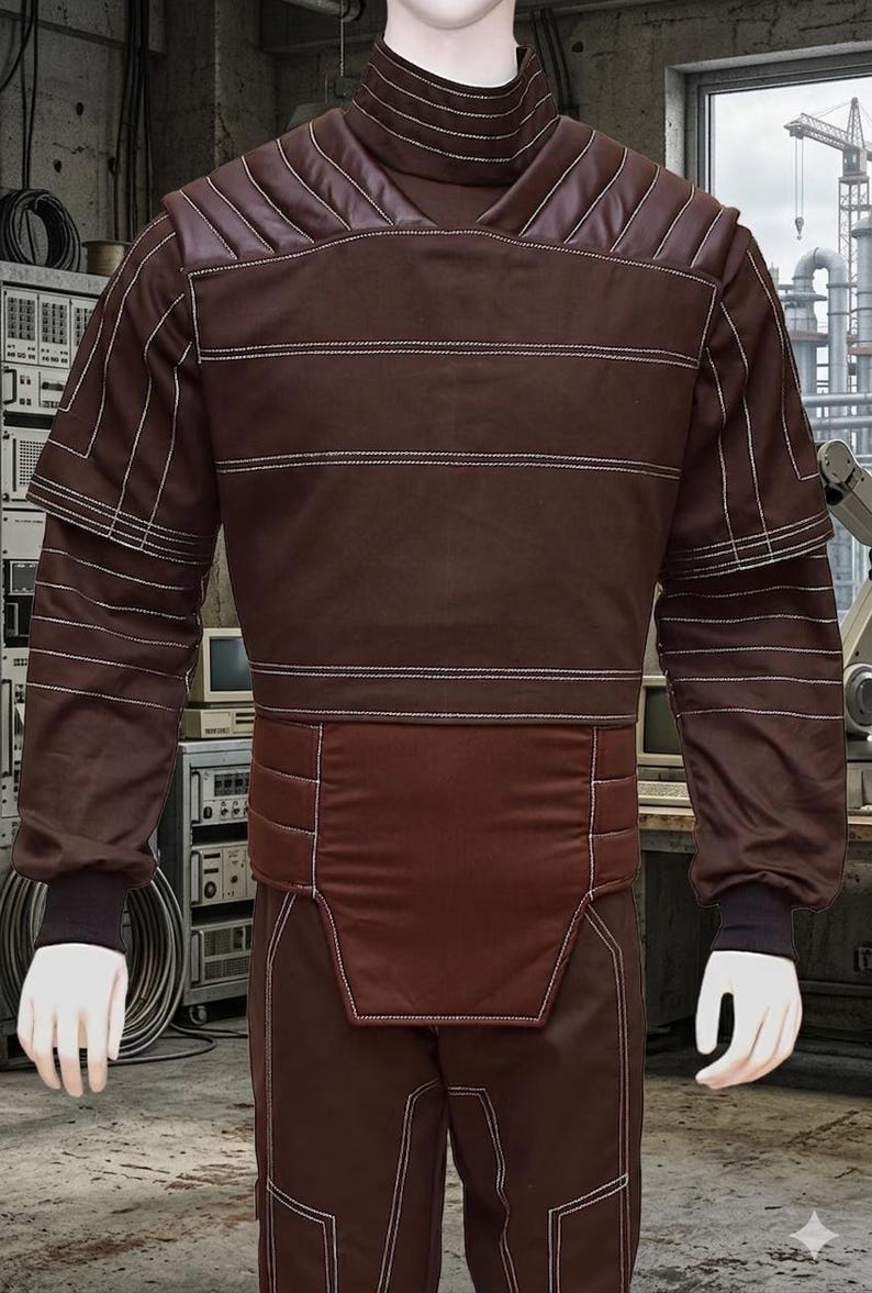 May include: Brown jumpsuit with white stitching details. The outfit features a high collar, padded shoulders, and horizontal stripes across the torso. The long sleeves have black cuffs, and the pants are also brown.