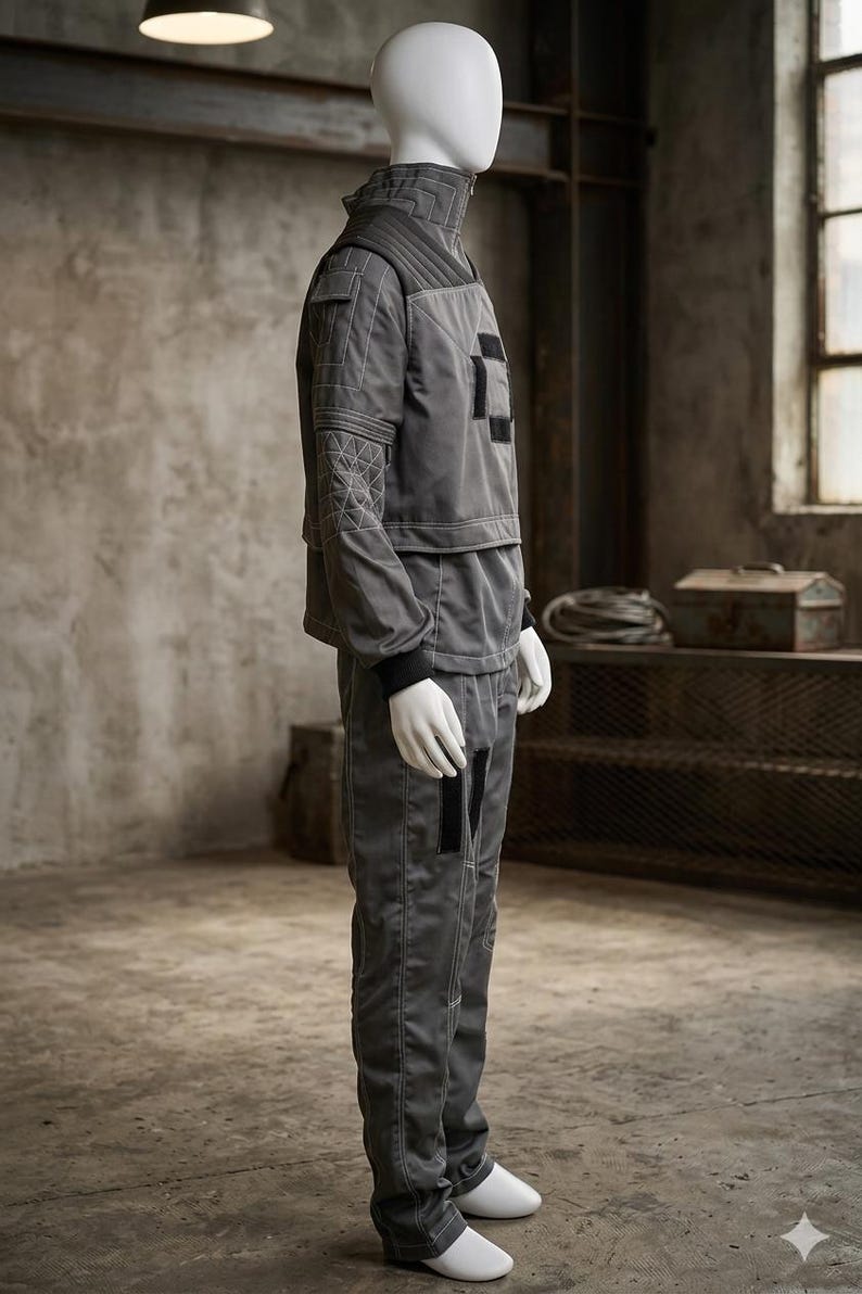 May include: A gray jumpsuit displayed on a mannequin. The outfit features a high collar, quilted shoulder details, and geometric stitching on the sleeves. Black accents are present on the chest and legs. The pants have a straight leg design. The mannequin wears white gloves and shoes.