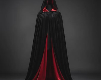 Black Velvet Cloak | Red Satin Lined Hooded Cape