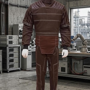 May include: A brown jumpsuit with white stitching, displayed on a mannequin. The outfit features a high collar, quilted shoulder accents, and a contrasting panel at the waist. The pants have white stitching along the seams. White shoes complete the look.