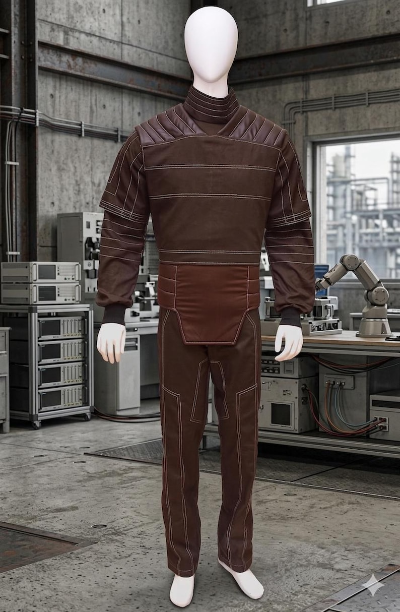 May include: A brown jumpsuit with white stitching, displayed on a mannequin. The outfit features a high collar, quilted shoulder accents, and a contrasting panel at the waist. The pants have white stitching along the seams. White shoes complete the look.