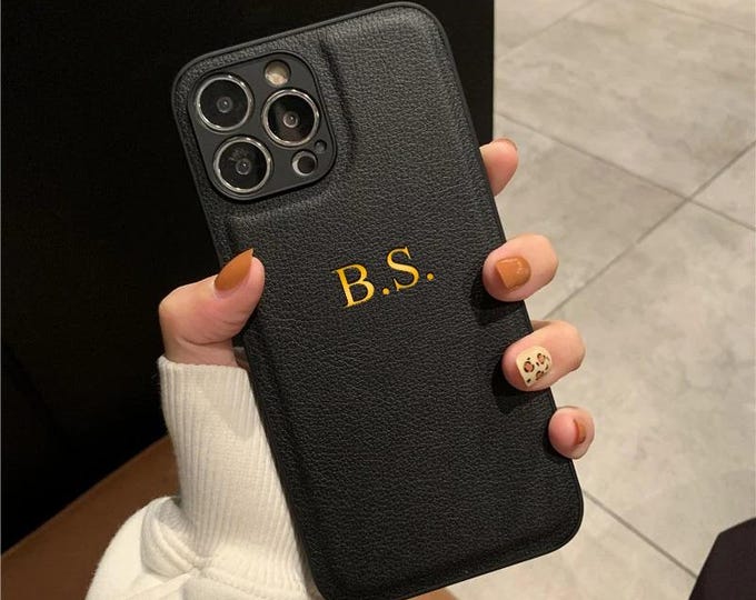 Featured listing image: Personalized iPhone case made of luxurious PU leather with initials/name, for iPhone 11-17 (Pro, Pro Max, Plus, Air), gift case