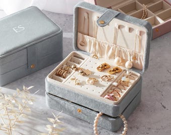 Personalized Large Velvet Jewelry Box Travel Case, Custom Bridesmaid Gift, Monogram Jewellery Organizer for Women