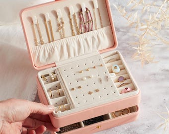 Personalized Large Travel Jewelry Box, Faux Leather Jewellery Organizer, Custom Bridesmaid Gift