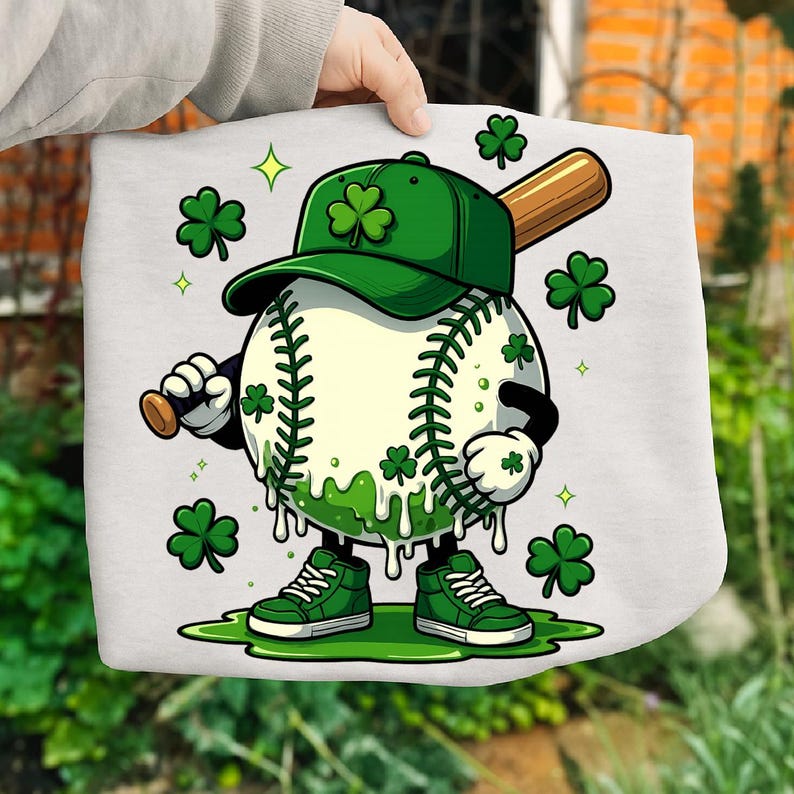May include: A cartoon baseball character wearing a green cap and trainers, holding a bat. The baseball is decorated with green shamrocks and dripping green paint. The design is on a white background.