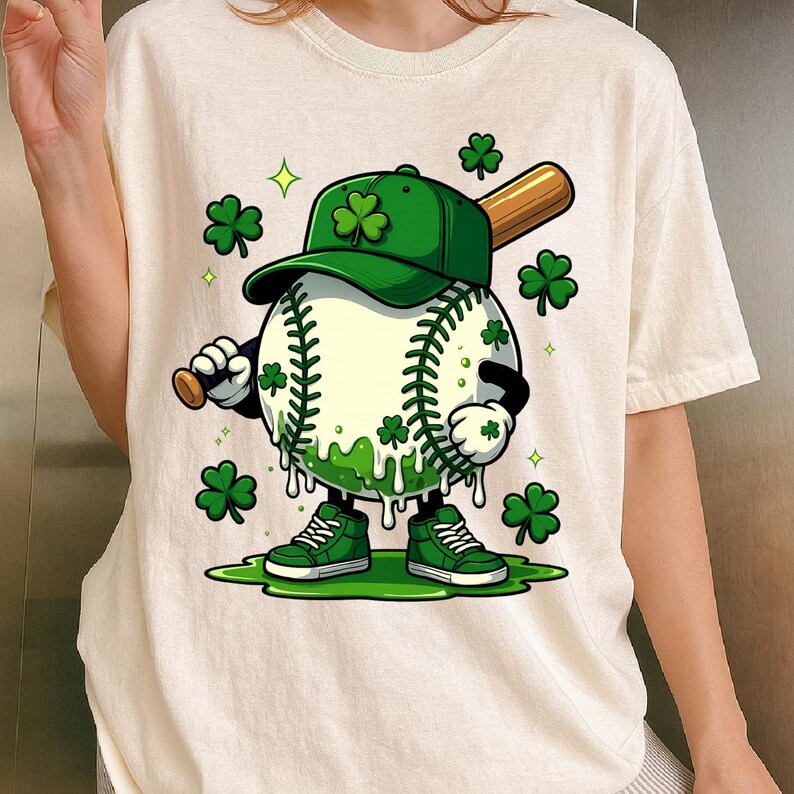 May include: A cartoon baseball character wearing a green baseball cap with a shamrock, green trainers, and holding a baseball bat. The baseball has shamrocks and green slime dripping down. Green shamrocks and stars are scattered around.