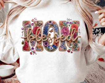 Blessed Mom Faux Yarn Crochet Png, Christian Mama Knitted Shirt, Retro Floral Mother's Day Sublimation, Boho Cottagecore Png, Faith Mama Png