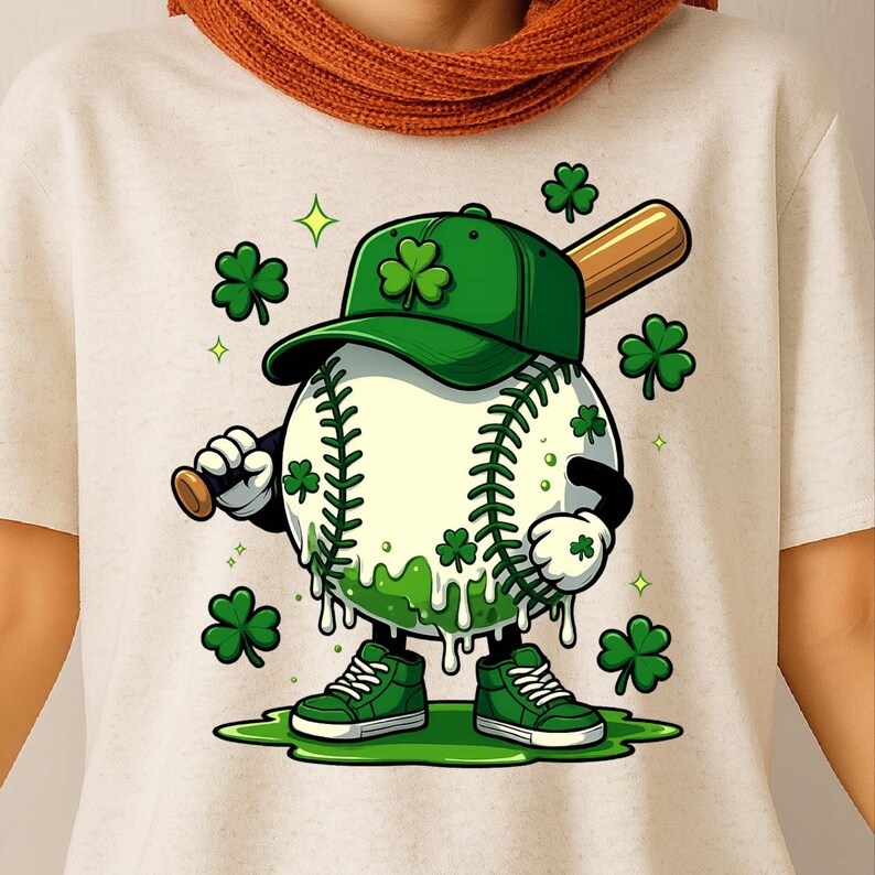May include: A cartoon baseball character wearing a green baseball cap with a shamrock, holding a baseball bat. The baseball has shamrocks and green dripping paint. The character is wearing green trainers and is standing on a green puddle. The background has shamrocks and stars.