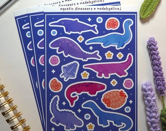 Aquatic Dinosaur Sticker Sheet - A5 - Glossy Waterproof Vinyl