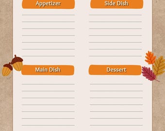 Op de afbeelding: Thanksgiving Potluck inschrijfformulier met secties voor voorgerecht, bijgerecht, hoofdgerecht, dessert en overige. Versierd met herfstbladeren, eikels, een gebraden kalkoen en een stuk pompoentaart.