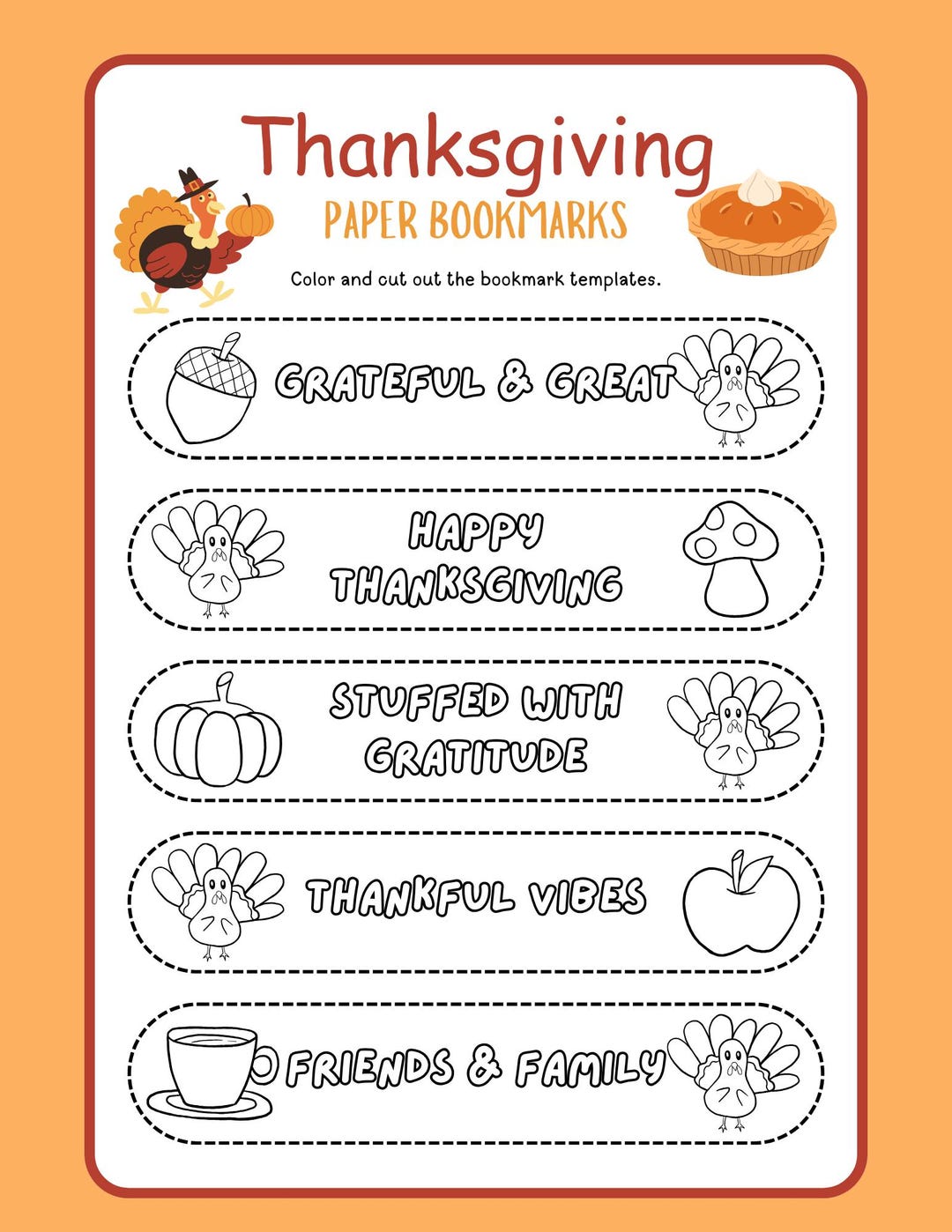 Thanksgiving Printable Bookmarks – Kids Coloring Craft, Fall Activity ...