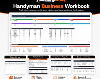 Libro de trabajo para negocios de manitas en Excel, formularios imprimibles de presupuestos de facturas de órdenes de trabajo, rastreador de trabajos, rastreador de gastos de propiedad del cliente, HandyTrac
