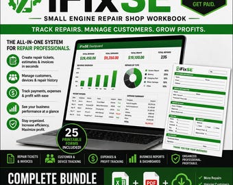Paquete de formularios y cuaderno de trabajo digital para taller de reparación de motores pequeños