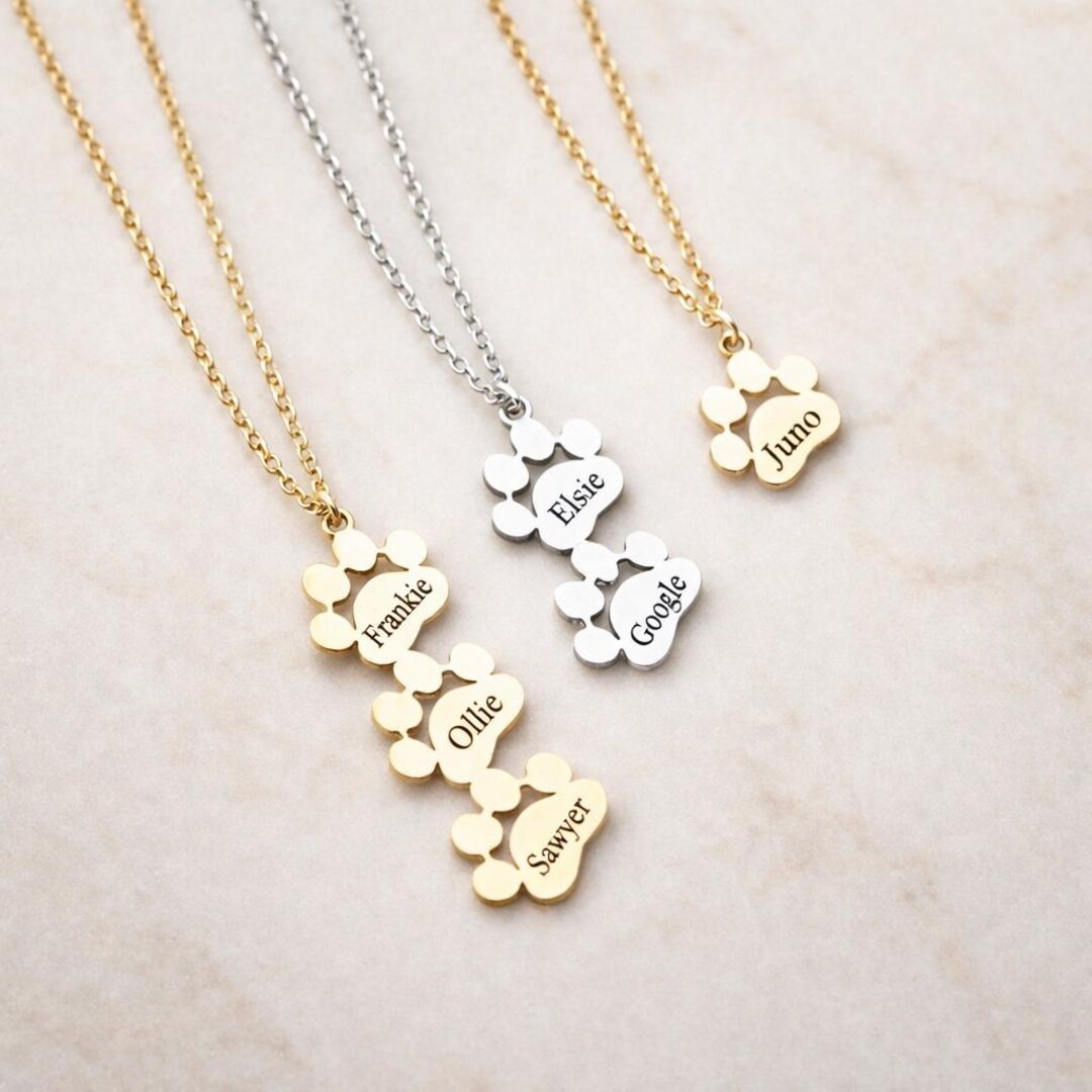 Custom Engraved Paw Print Necklace, Personalized Pet Name Jewelry, Gold ...