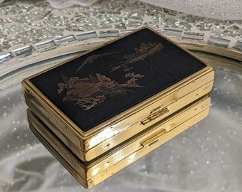 1950s Clover  Mt. Fuji scene makeup compact music box - brass and enamel - non working