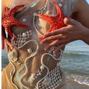 Handmade Mermaid Corset – Ocean-Inspired Transparent Bodice with Starfish, Shells, Pearls & Sand – Sea Goddess Festival Outfit