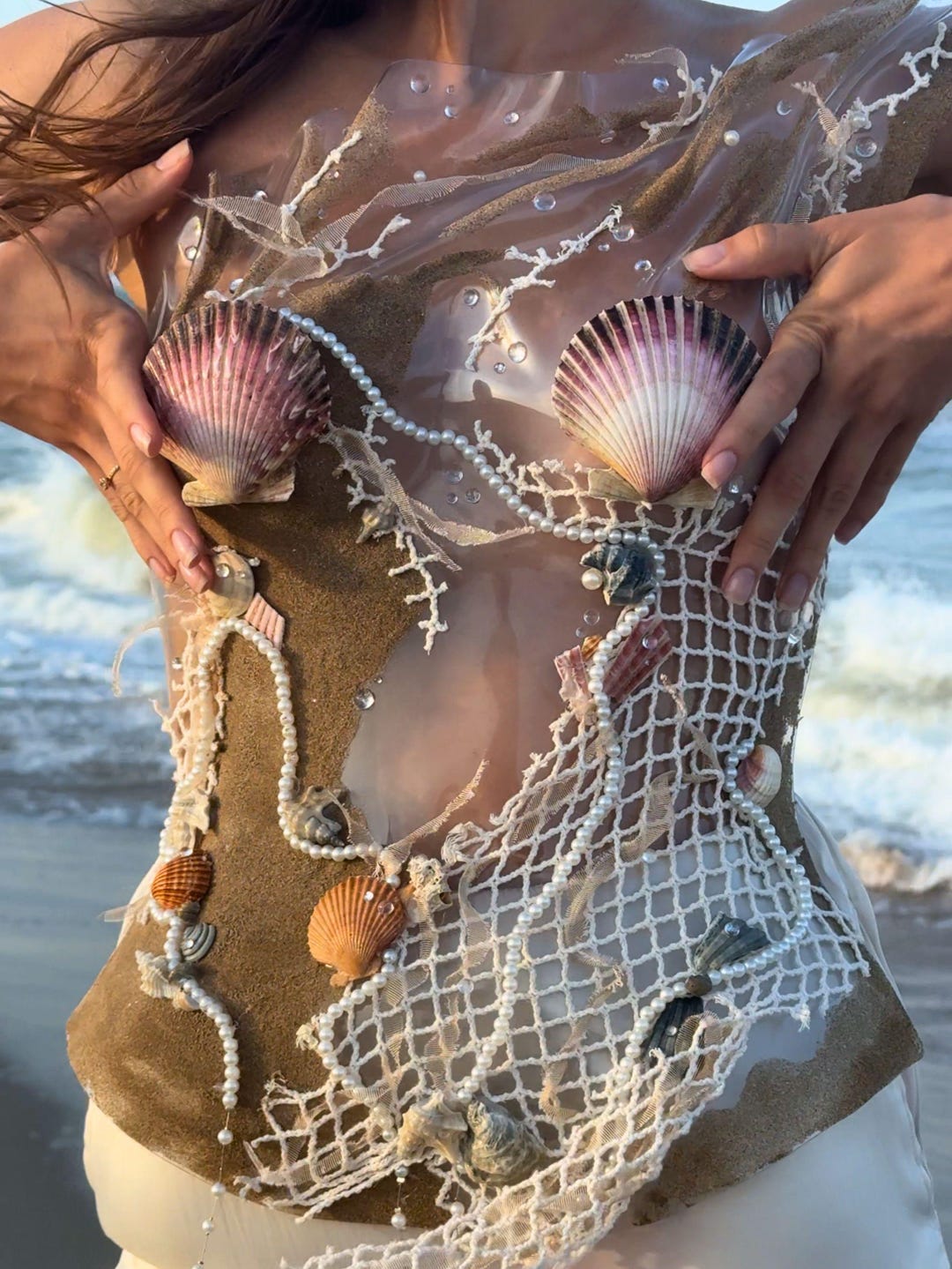 Shells Realm Cosplay Ocean-inspired Corset With Shells, Pearls, and Netting โ Mermaid ...