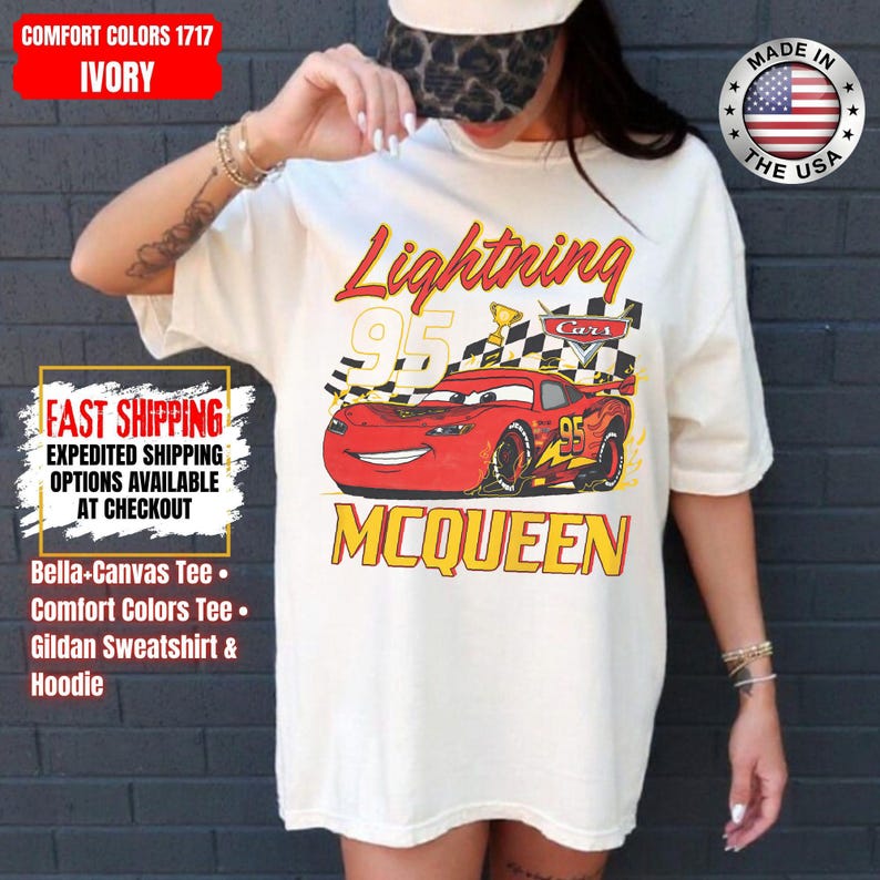 Camiseta vintage de Rayo McQueen Comfort Colors, camiseta de Disney Pixar Cars, camiseta retro con estampado de McQueen, camiseta para viaje de vacaciones familiares de Disney 2026 imagen 6