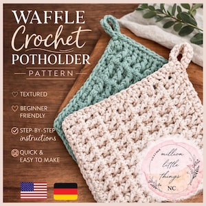Könnte beinhalten: Zwei handgefertigte Waffel-Häkel-Topflappen in Hellgrün und Creme. Die Topflappen haben ein strukturiertes Design und eine Schlaufe zum Aufhängen. Das Bild enthält den Text "WAFFLE Crochet POTHOLDER PATTERN".