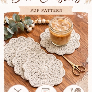 May include: A collection of beige crochet coasters with a scalloped edge, displayed with a glass of coffee and gold scissors. The image includes the text "Boho Coasters" and "PDF Pattern".