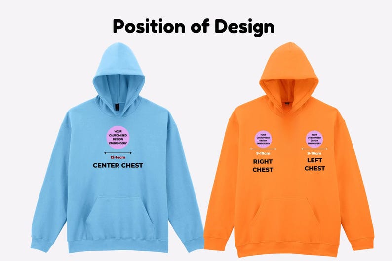 May include: A light blue hoodie and an orange hoodie, each featuring a front kangaroo pocket and a hood. The light blue hoodie shows a center chest embroidery placement of 5-6 inches. The orange hoodie shows right and left chest placements of 4 inches.