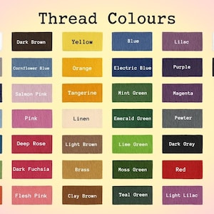 May include: Image displaying a color chart labeled "Thread Colours." The chart features rectangular swatches in a variety of colors, including white, black, blue, yellow, and pink. Each swatch is labeled with its corresponding color name.