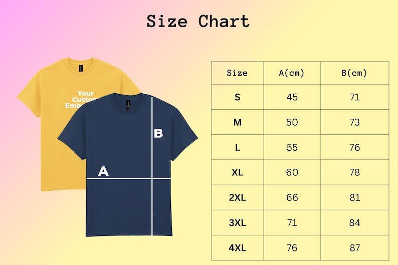 May include: A size chart for t-shirts, with measurements in centimeters. The chart includes sizes S to 4XL, with corresponding measurements for A (width) and B (length). Two t-shirts, one yellow and one navy blue, are shown in the background.