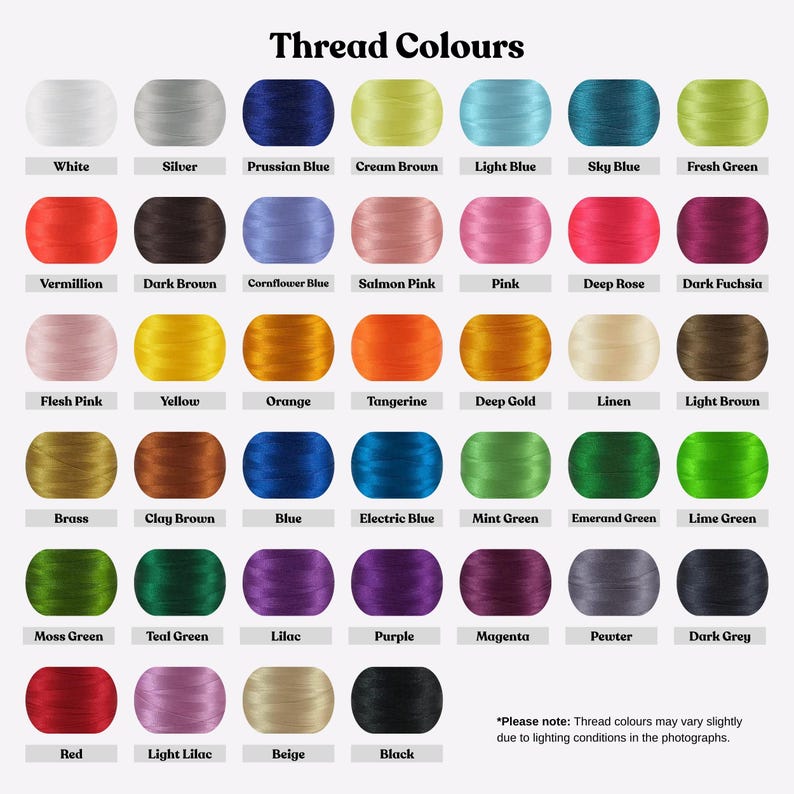 May include: A color chart titled Thread Colours displaying forty-two circular spools of embroidery thread in various shades including white, silver, blues, greens, pinks, yellows, oranges, browns, purples, grays, and black with text labels.