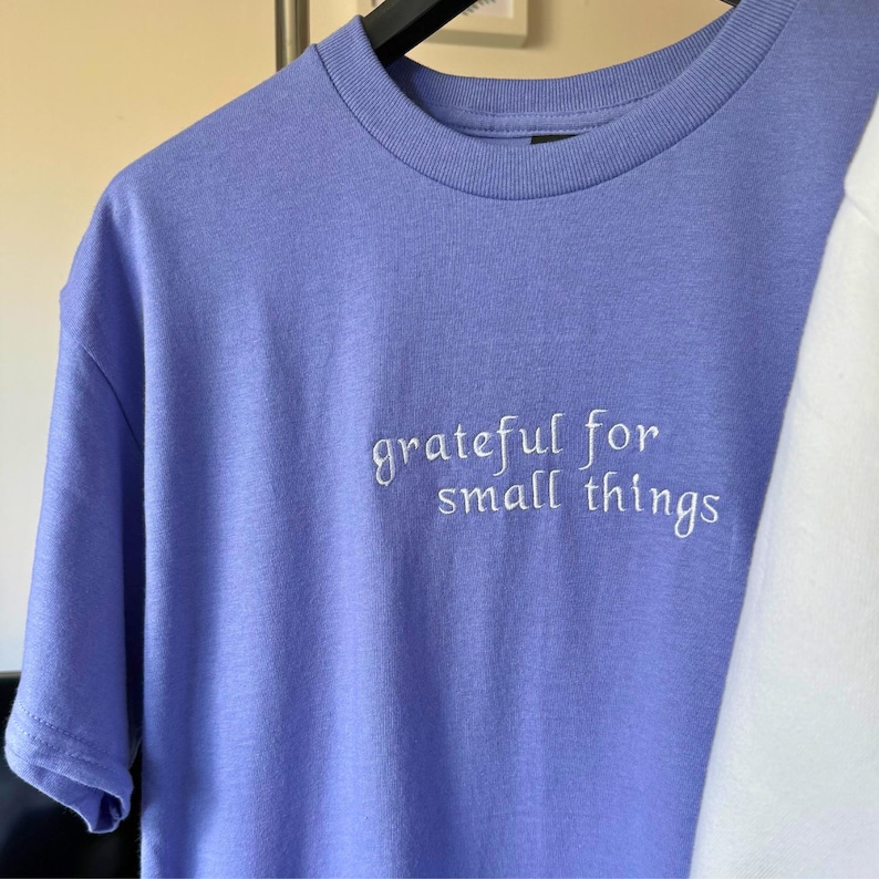 May include: A periwinkle blue t-shirt with the embroidered text "grateful for small things" in white. The short-sleeved shirt is made of a soft material and is hanging on a black hanger.