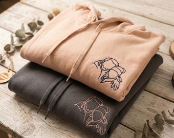 Bluza z kapturem z haftowanym zdjęciem, szkic ze zdjęcia, spersonalizowana bluza z kapturem z portretem pary lub rodziny, prezent z haftem liniowym