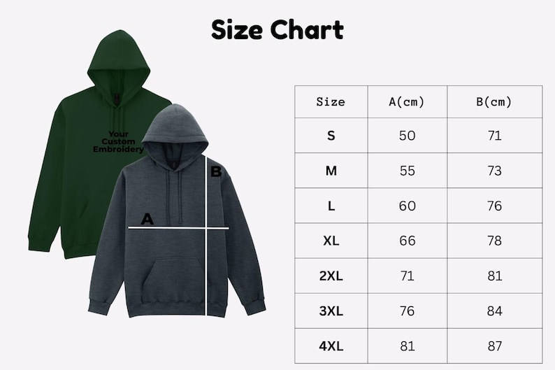 May include: A size chart for hoodies featuring a dark green hoodie with the text Your Custom Embroidery and a dark gray hoodie with white lines labeled A and B. The table lists sizes S through 4XL with corresponding measurements in centimeters.