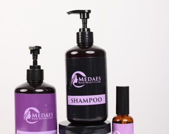 May include: A collection of hair care products, including shampoo, conditioner, hair mask, and serum. The products are in dark brown bottles with black pumps and purple labels. The labels feature the brand name "MEDAES" and product names.