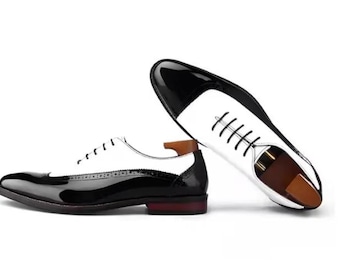 Handmade Two-Tone Brogue Oxford Shoes: Black & White Leather